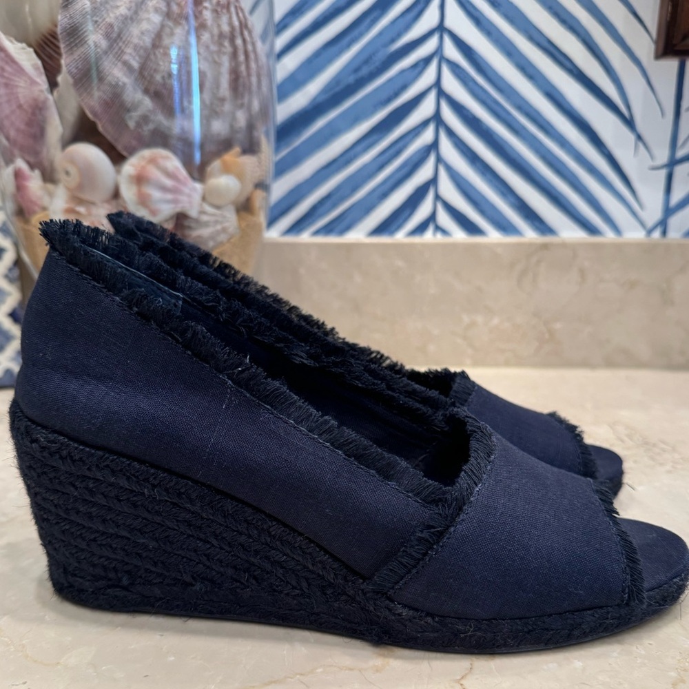 Lauren Ralph Lauren Carmondy Espadrille linnen fringe Wedge Sandal 8 navy blue